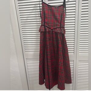 VICI Red Plaid Bow Back Midi Dress | Velvet Trim |Size M